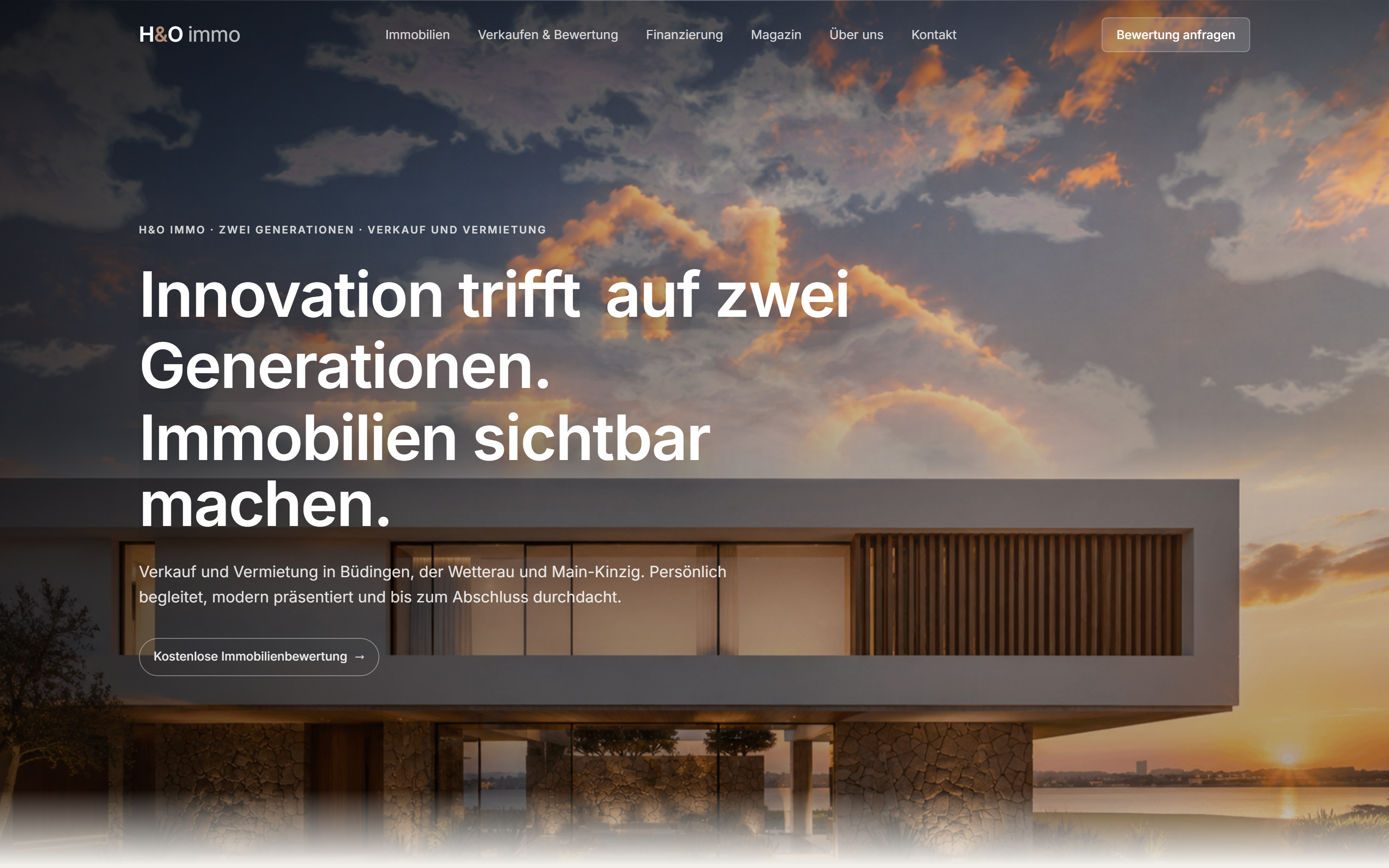 H&O Immo Website Hero, Immobilien-Plattform mit Headline 'Innovation trifft auf zwei Generationen'