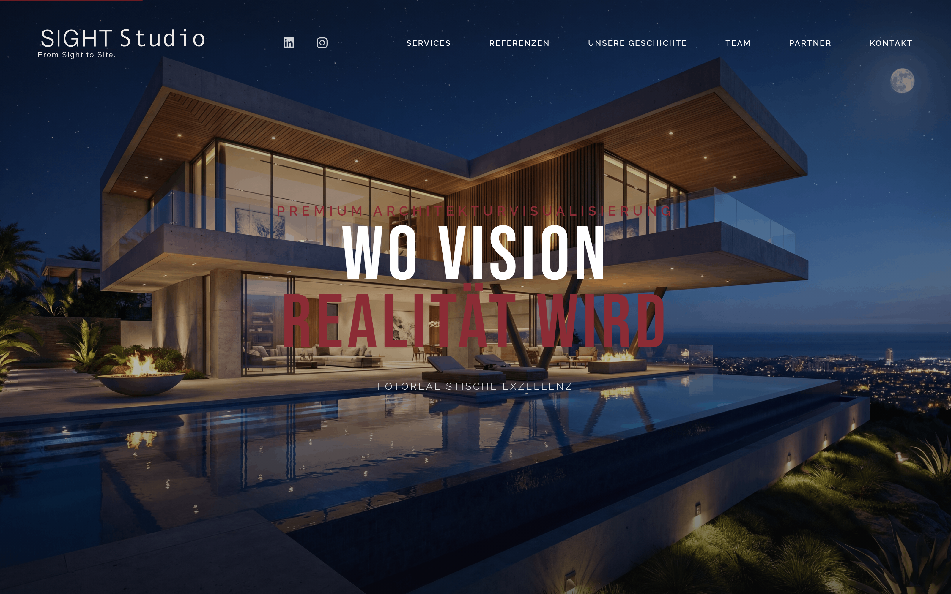 SIGHT Studio Website Hero, Architektur-Visualisierungs-Studio mit Headline 'Wo Vision Realität wird'